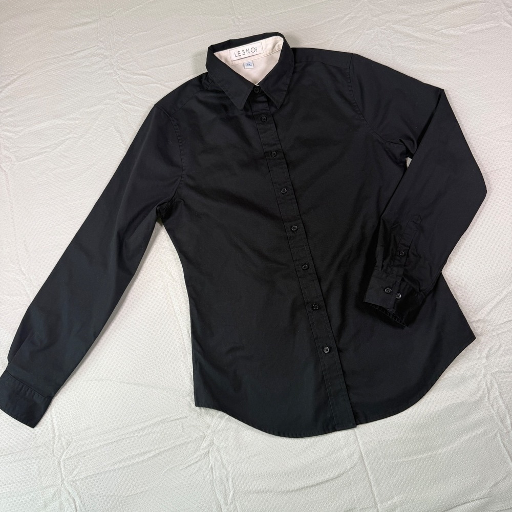 LE 3NO Black Button Down Shirt Womens XS Long Sleeve Collared Cotton Blend Top - Picture 2 of 14